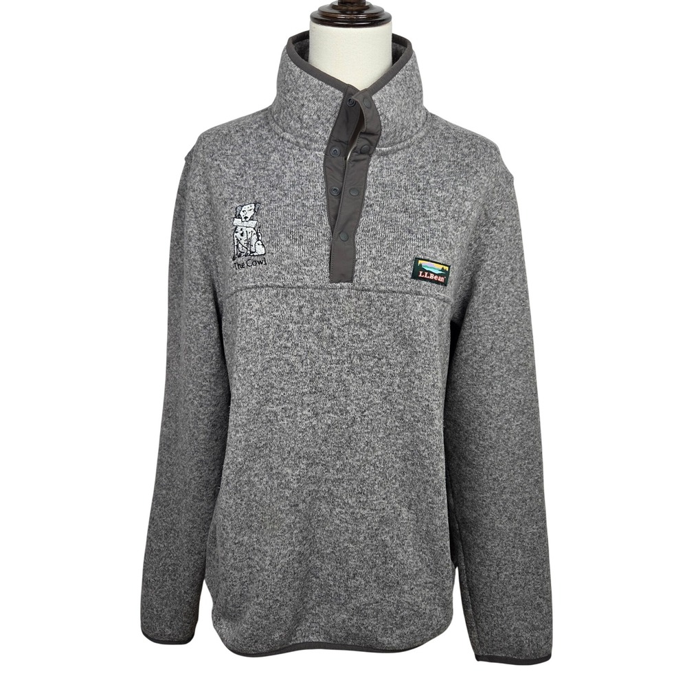 LL Bean Sweater Fleece Pullover Medium Gray Snap Neck The Cowl Dog Embroidery